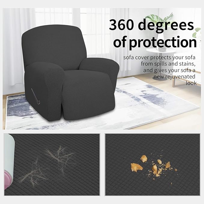Easy-Going 4 Pieces Oversized Recliner Stretch Sofa Slipcover Sofa Cover Furniture Protector Couch Soft with Elastic Bottom Polyester Spandex Jacquard Fabric Small Checks Dark Gray,X-Large