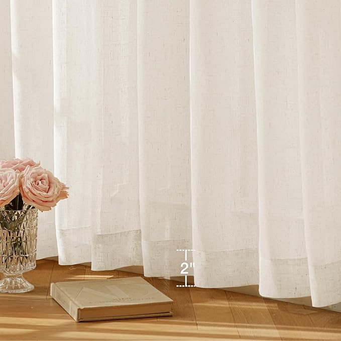 Anmao Natural Linen Curtains for Living Room 54 Inch Length 2 Panels Set, Light Filtering Semi Sheer Window Curtain Drapes for Bedroom with Curtain Rings and Clips, 52Wx54L, Ivory