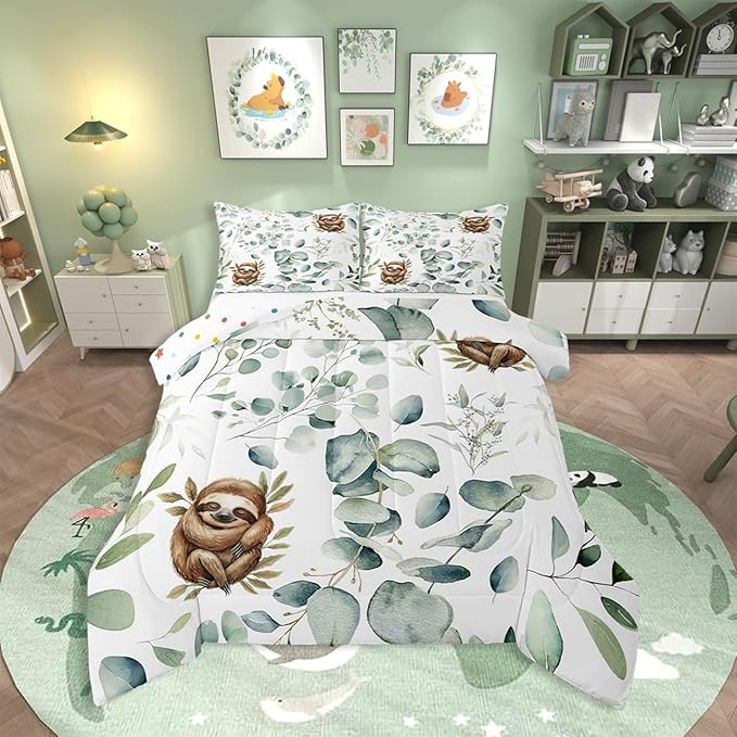 Erosebridal Girls Kawaii Animal Full Comforter Set Cute Sloth Bedding Set Full, Cartoon Wildlife Bedding Comforter Sets Green Leaf Duvet Set, Spring Plant Quilted Comforter Child Kids Bedroom Decor