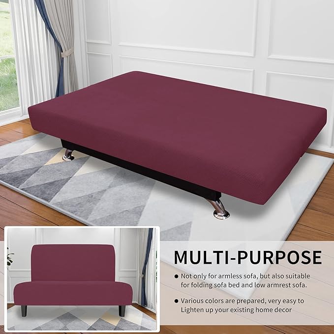 Easy-Going Stretch Futon Slipcover Armless Futon Bed Cover Furniture Protector Without Armrests with Elastic Bottom for Kids, Soft Jacquard Fabric Small Checks (Medium, ASH Rose)
