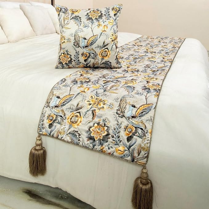 The HomeCentric King/Queen/Twin Grey & Yellow Decorative Queen 74"x18" Bed Runner Without Pillow Cover, Peacock, Quilted & Tassels Bed Scarf on Satin Fabric - Peacock Swag