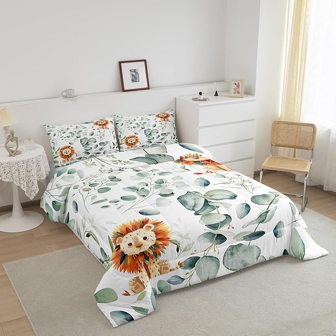 Erosebridal Cute Lion Bedding Toddler Size for Kids Child Green Eucalyptus Comforter Set Toddler, Woodland Animal Duvet Insert Plant Leaves Quilt Comforter, Cartoon Wildlife Bedding Comforters & Sets