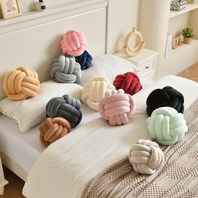 Decorative Throw Knot Pillow Ball for Home Chair Sofa Couch Bed Aesthetic Round Velvet Knotted Pillow Cushion (Coffee, 11 inches)