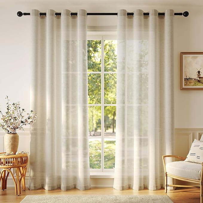 Anmao Flax Linen Curtains for Living Room 84 Inch Length 2 Panels Set, Light Filtering Sheer Window Curtain Drapes for Bedroom with Nickel Grommet, 52 Inch Wide Each Panel, Linen Color
