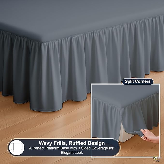 Cottington Lane Ruffled Bed Skirt Twin Size with Split Corner, Brushed Microfiber Hotel Quality Dark Grey Dust Ruffle, 18 Inch Drop Gathered Bedskirt, Soft and Stylish, Shrinkage and Fade Resistant
