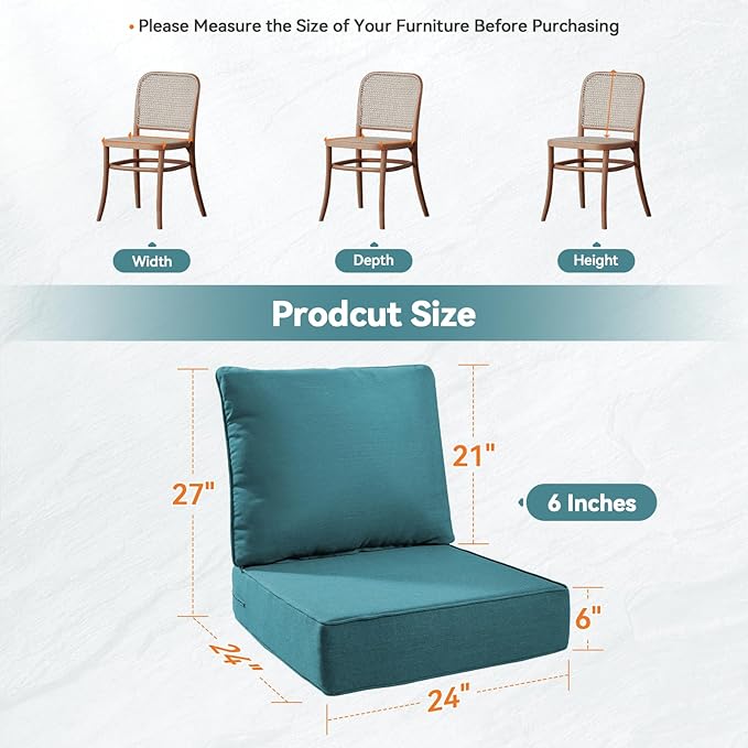 Luxury 6" Outdoor Cushions for Patio Furniture, 24x24x6" Thick Seat Cushion Set of 10, Fade Resistant Couch Chair Replacement Cushions High Density Deep Wicker Chair Cushion w/ Removable Cover, Green
