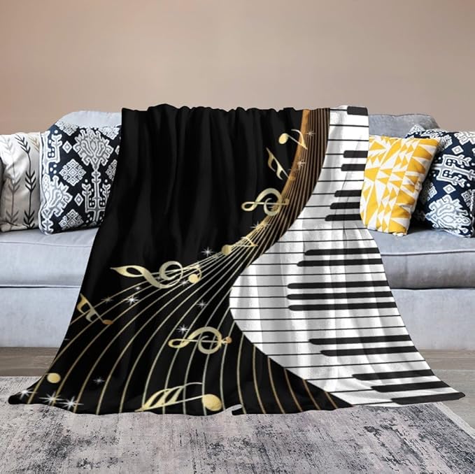 Music Note Blanket Black White Piano Keys Gold Music Note Soft Cozy Lightweight Throw Blanket for Kids Girls Boys Bedroom Living Room Dorm Chair Sofa Travel 40x50in
