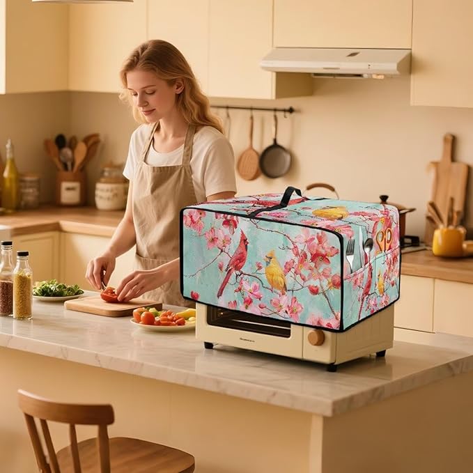 Cardinal Cherry Blossom Print Microwave Oven Cover Waterproof Dust-Proof Microwave Toaster Oven Cover with Storage Bags Universal Washable Decor Accessories for Kitchen, M