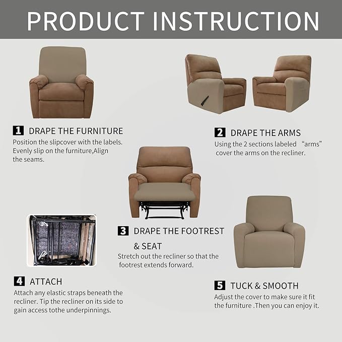 Easy-Going Recliner Stretch Sofa Slipcover Sofa Cover 4-Pieces Furniture Protector Couch Soft with Elastic Bottom Kids, Spandex Jacquard Fabric Small Checks(Recliner,Natural)