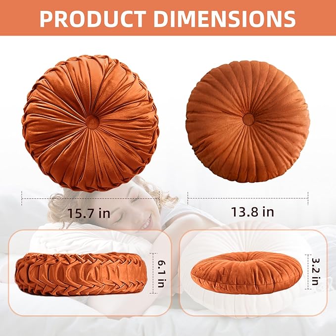 2 Pcs Round Throw Pillows Pleated Velvet Pumpkin Round Pillows Floor Cushion for Living Room Couch Chair Bed Sofa 15.7"x15.7"/13.8" x 13.8" (Olive)