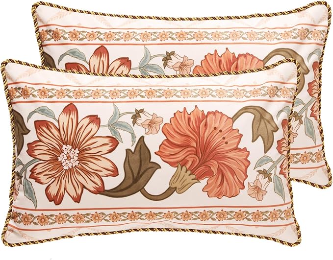 Throw Pillow Covers Pack of 2,Orange Floral Farmhouse with Wild Flowers Pattern Cozy Velvet Pillowcases,Decoration Lumbar Pillows Cushion Covers for Couch Sofa Bed Car Chair,12"x20"