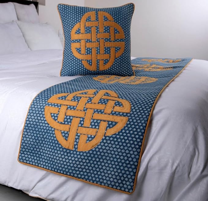 The HomeCentric Blue Bed Runner, Queen Size 74"x18" Decorative Bed Runner with Matching Pillow Cover, Blue Cotton Bed Scarf in Quilted, Beehive Denim with Applique - Denim Love