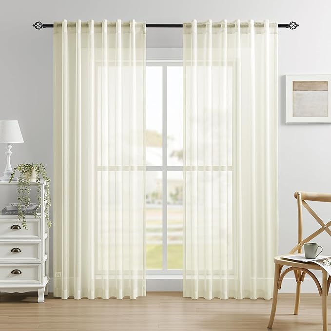 Dreaming Casa Ivory Sheer Curtains 84 Inches Long, Rod Pocket & Back Tab Light Filtering Textured Sheers for Living Room Bedroom, 2 Panels, Each 52" W x 84" L