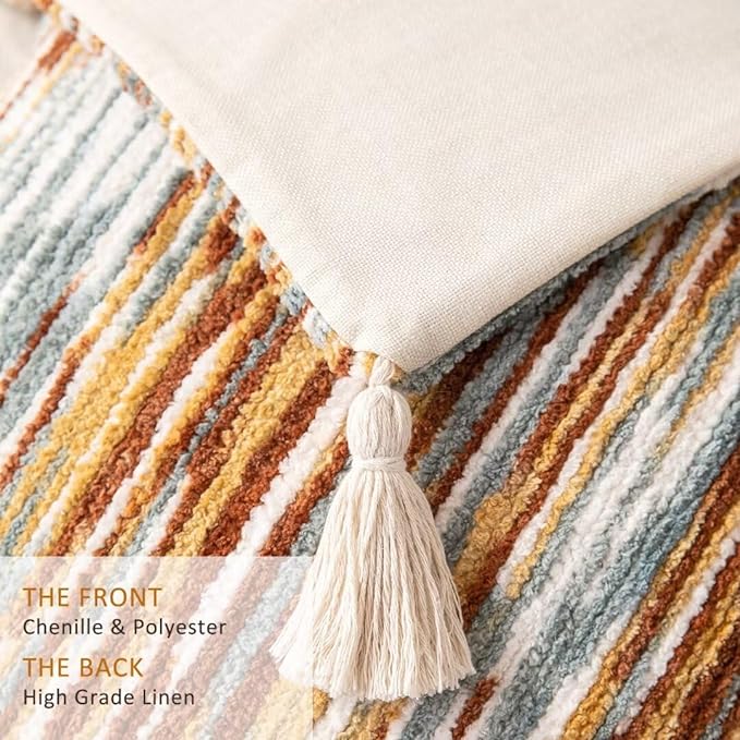 Boho Throw Pillow Covers 18x18 Set of 2 Woven Tufted Farmhouse Pillows Cover with Tassels Textured Striped Cushion Case Neutral Pillow Cases Decorative Pillowcase for Sofa Couch Bed,Rust