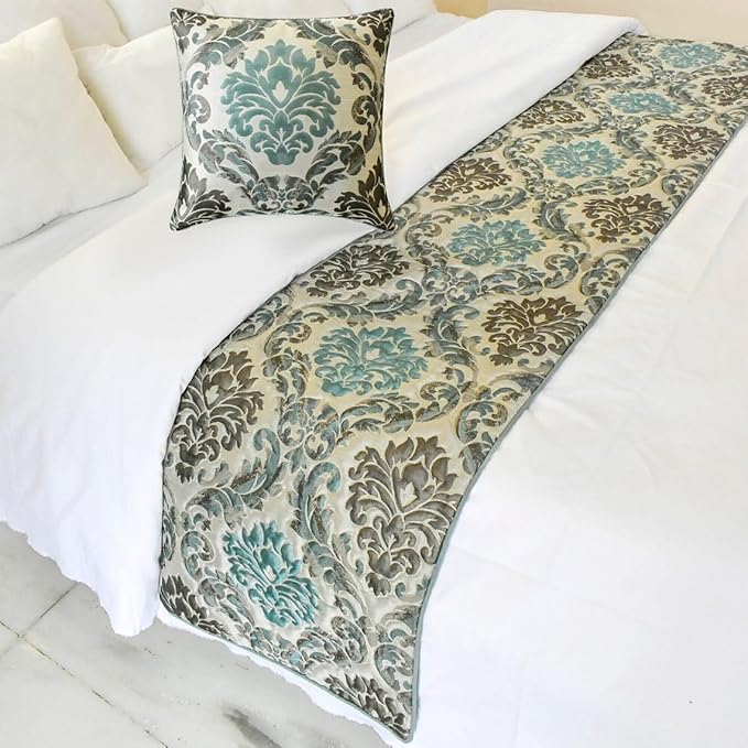 The HomeCentric King/Queen/Twin Blue Designer CA King 86"x18" Bed Runner Without Pillow Cover, Damask Bed Scarf on Jacquard Fabric - Royal Elegance
