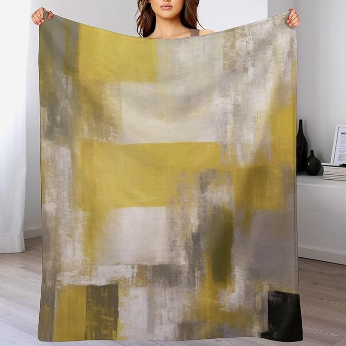 Abstract Gradient Blanket, Modern Fashion Art Yellow Grey Painting Strokes Pattern Soft Warm Cozy Plush Flannel Covers for Livingroom Bedroom Couch Chair Camping Travel Home Decor Tapestry 50x60in