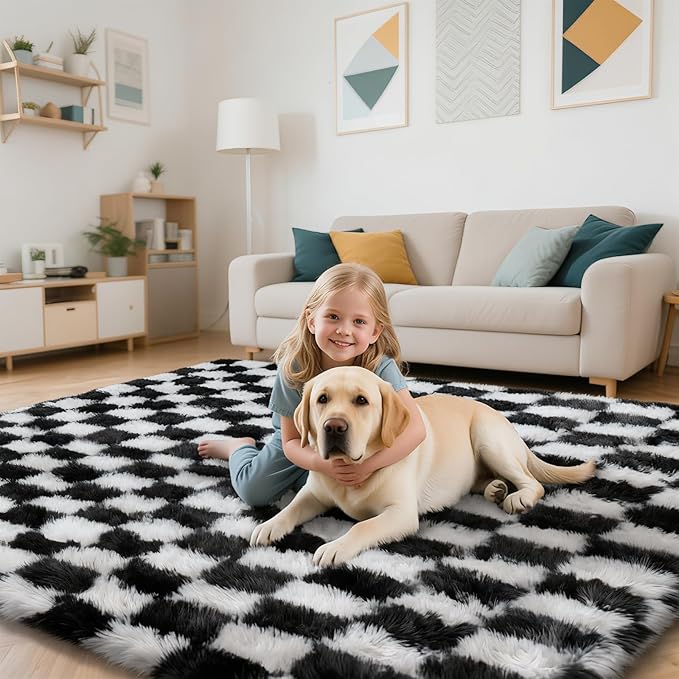 Checkered Rug for Bedroom, 2x6 Black and White Area Rugs, Classic Checkered Carpets Shaggy Area Rug, Bedside Rugs for Living Room Bedroom Kids Room Home Decor