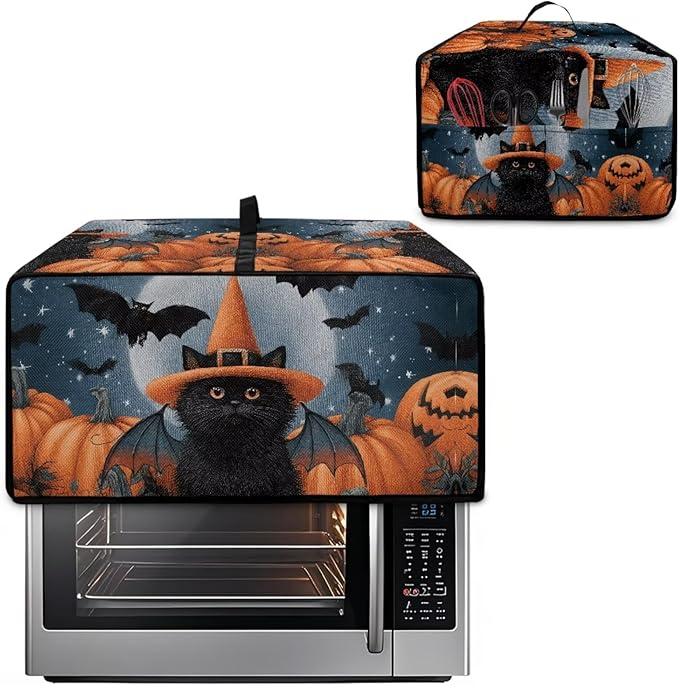 Bat Cat Pumpkin Moon Print Toaster Oven Cover Dust-Proof Microwave Oven Grill Cover Protector with Top Handle Reusable Reusable Kitchen Accessories for Halloween Decor, S