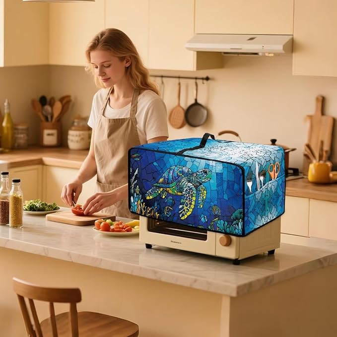 Glass Painting Sea Turtle Print Microwave Oven Cover Dustproof Toaster Oven Cover Large Size Foldable Kitchen Appliance Protector with Storage Bag Machine Washable, M