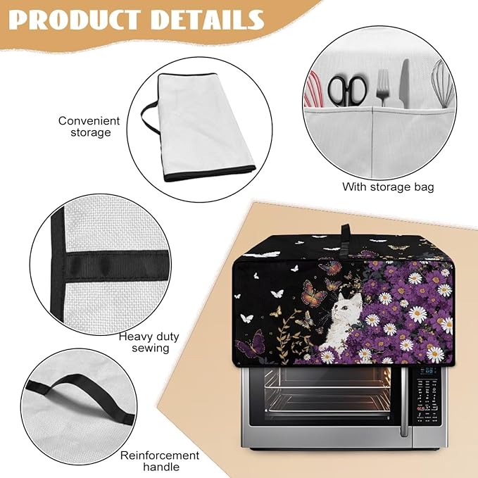 Toaster Oven Cover with Side Pockets, Dustproof Smart Microwave Convection Oven Cover with Handle, for Kitchen Decor, S, 14.5" x 18.5" x 9", White Cat Violet Daisy Butterfly Black
