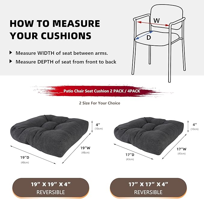 RACE LEAF 4 Pack Patio Chair Cushions 17x17 Inch, Waterproof Memory Foam Cushions with Tufted Cover and Non-Slip Base for Patio Furniture (Gray)