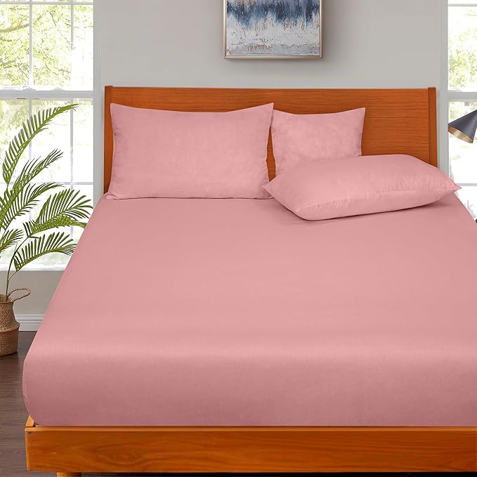ROYALE LINENS 300 Thread Count 100% Long Staple Combed Cotton Fitted Sheet Queen - Super Soft Deep Pocket Bottom Sheet - Fitted Sheets Only - Elastic Sheets (Queen, Pink)