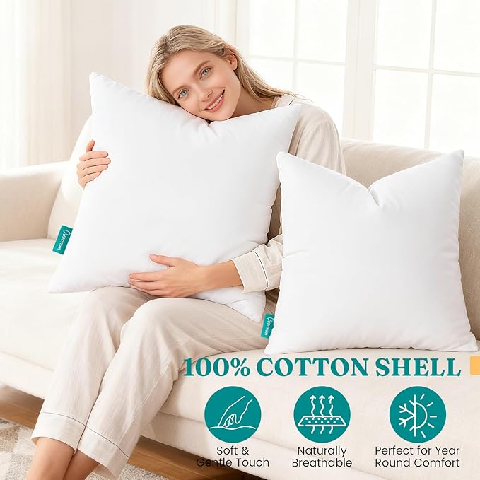 Oubonun 16x16 Feather Down Alternative Throw Pillow Inserts, 100% Cotton Cover, Medium Firm Decorative Pillow Inserts for Couch, Sofa, Bed, Chair (Set of 2)