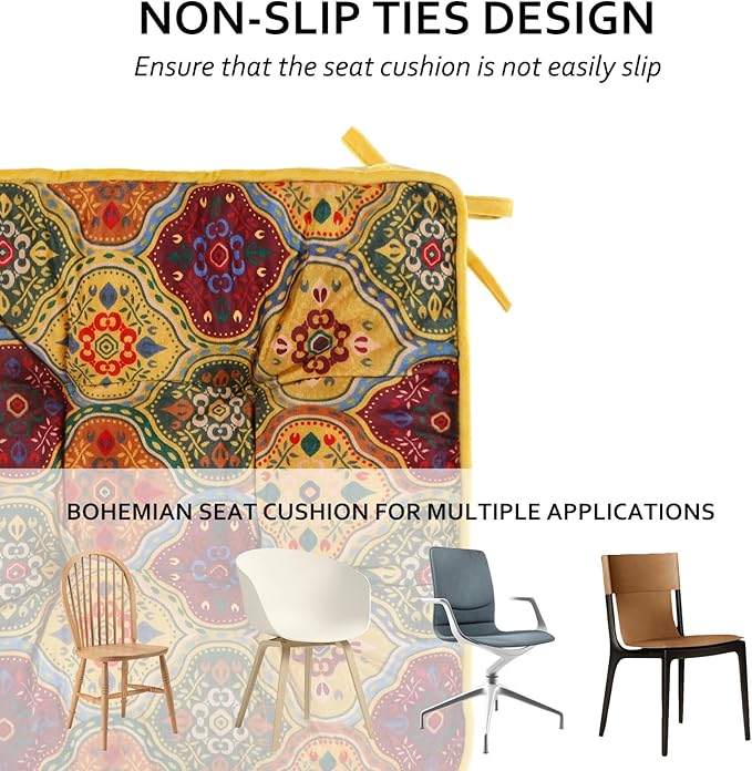 Bohemian Square Seat Cushions for Kitchen Dining Living Tea Room,16.5" x 16.5" Printing Velvet Chair Pads with Non-Slip Ties, 2Packs, Blue