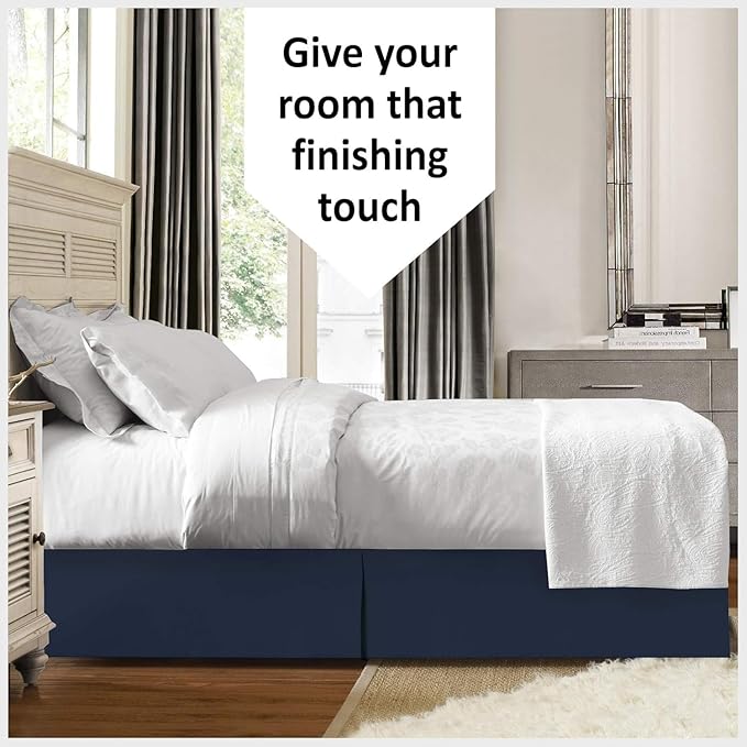 Bed Skirt - 100% Cotton 800 Thread Count Box Pleated Bed Skirt - Luxury Pleated Dust Ruffle, Hotel Quality Modern Bed Skirt, Easy Fit with 12 Inch Tailored Drop, Olympic Queen, Navy Blue