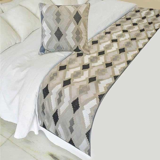 The HomeCentric King/Queen/Twin Beige Decorative Bed Runner Full 68"x18" Bed Runner with Two Pillow Cover, Embroidery,Aztec Bed Scarf on Linen Fabric - Thread Tale