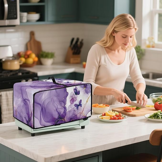 Countertop Microwave Oven Cover with Side Pockets, Dust Protection Small Appliance Toaster Ovens Dust Cover, L, 18.5 x 22.5 x 13 Inches, Violet White Marble Butterfly