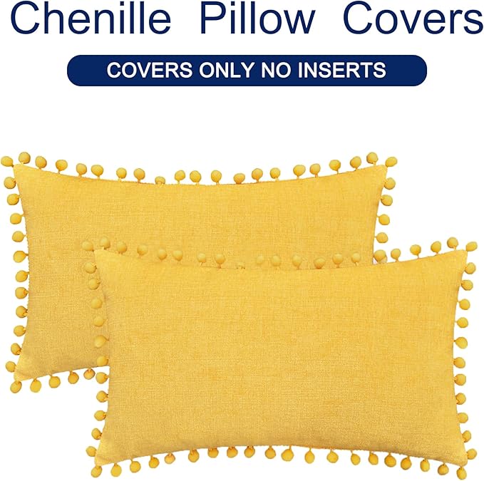 CaliTime Throw Pillow Covers Decorative 20 X 12 Inches Pack of 2 Cozy Solid Dyed Soft Chenille Cushion Cases with Pom Poms for Couch Sofa Bed Living Room Home Mustard Yellow