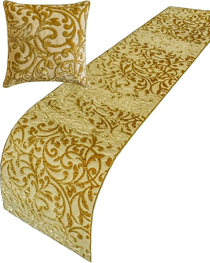 The HomeCentric King/Queen/Twin Beige Gold Decorative Bed Runner King 90"x18" Bed Runner Without Pillow Cover, Cut Velvet, Beaded Bed Scarf on Velvet Fabric - Serene Symphony