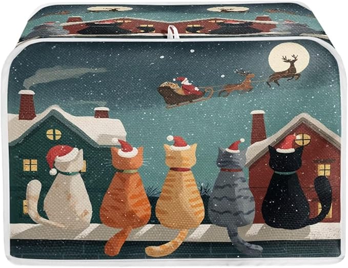 Christmas Cat Printed Toaster Oven Cover for Home 4 Slice Toaster Cover Dirt and Fingerprint Protection Decorative Kitchen Accessories, Blue