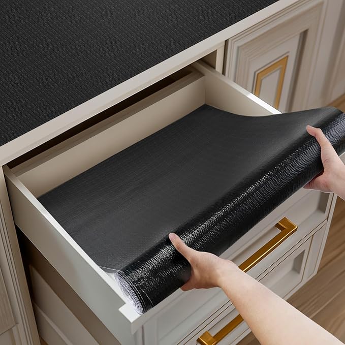 Shelf and Drawer Liner for Kitchen Cabinets Non-Adhesive, Strong Grip Non-Slip Thickened Cabinet Liners for Shelves, Waterproof Mats for Dresser Cupboard, Black, 23 in x 20 Feet
