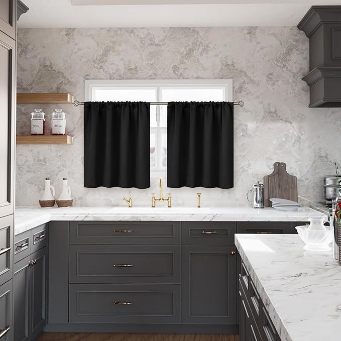 BGment Black Blackout Curtains 36 Inches Length for Kitchen Window - Short Drapes with Rod Pocket Thermal Insulated Privacy for Bedroom Bathroom Rv Cafe Window, 2 Panels, 42 x 36 Inch
