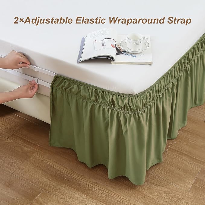 MEILA Full Bed Skirt, Wrap Around Ruffle Bed Skit for Full Beds with 24 inch Drop, Elastic Dust Ruffles Easy Fit Wrinkle & Fade Resistant, Sage