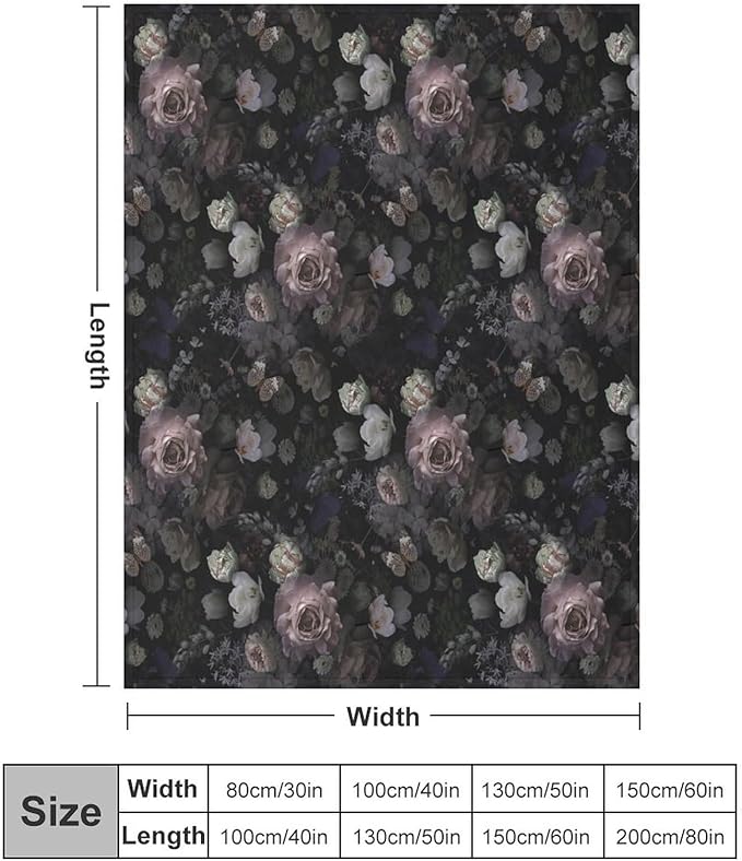 Vintage Gothic Floral Blanket, Black Pink Flower Rose Black Garden Roses Blooming Boho Throw Blankets for Home Bedding Couch Decor, 60"x80"