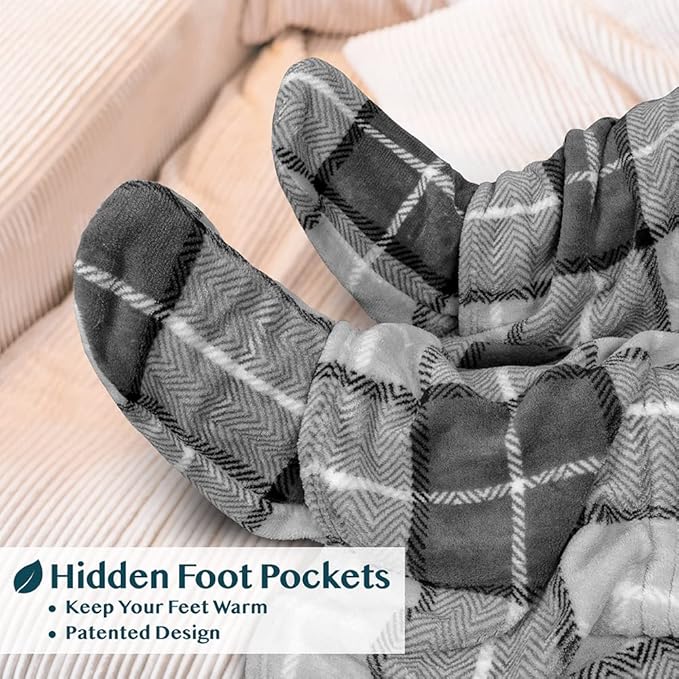 PAVILIA Fleece Blanket with Sleeves, Foot Pockets for Women Men Adults, Plush Wearable Blanket Throw Wrap, Warm Snuggle Blanket Robe, Cozy Gift Ideas Wife Mom, Plaid Dark Gray