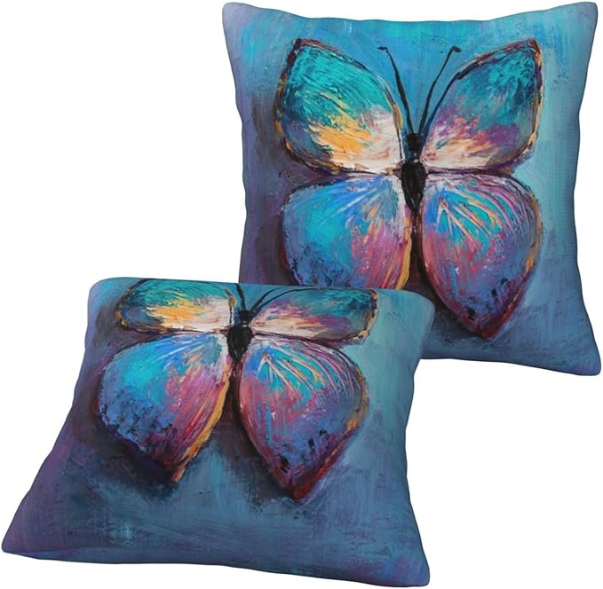 bassyil Blue Butterfly Throw Pillow Covers Decorative Linen Pillow Cases Set of 2 Square Cushion Cover for Couch Sofa Bedroom Patio 18x18 Inch
