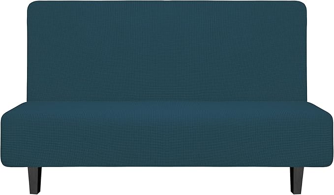 Easy-Going Stretch Futon Slipcover Armless Futon Bed Cover Furniture Protector Without Armrests with Elastic Bottom for Kids, Soft Jacquard Fabric Small Checks (Medium, Deep Teal)