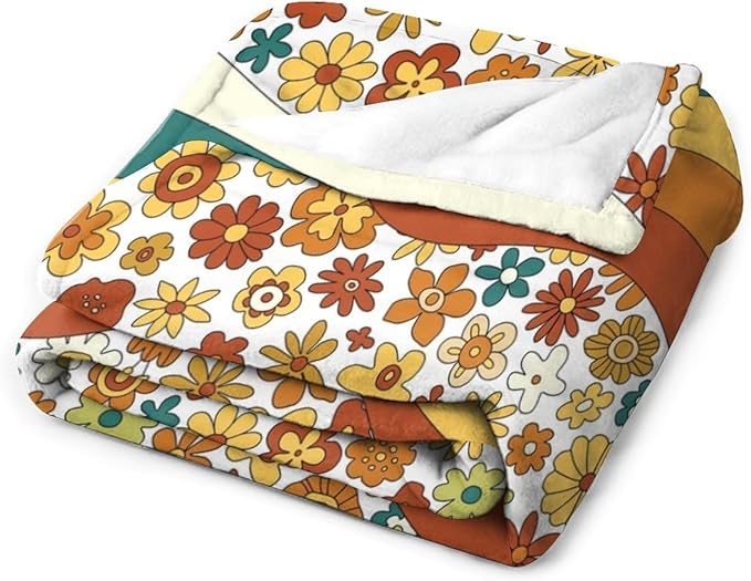 70s Retro Floral Throw Blanket, Boho Groovy Wavy Geometric Hippie Cute Flowers Yellow Orange Abstract Print Blanket for Holiday Theme Home Decor Bedding Couch and Gift 40"x50"