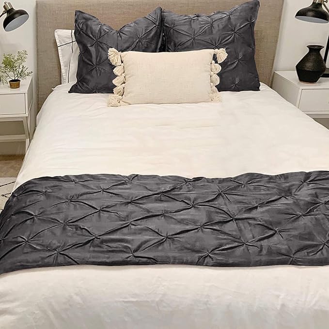 Bed Runner Set - 100% Pure Cotton 800 Thread Count - Luxury 1 Pinch Pleated Bed Runner and 2 Pillow Cover - 3 Piece Pinch Pleated Bed Runner Set California King, Dark Grey