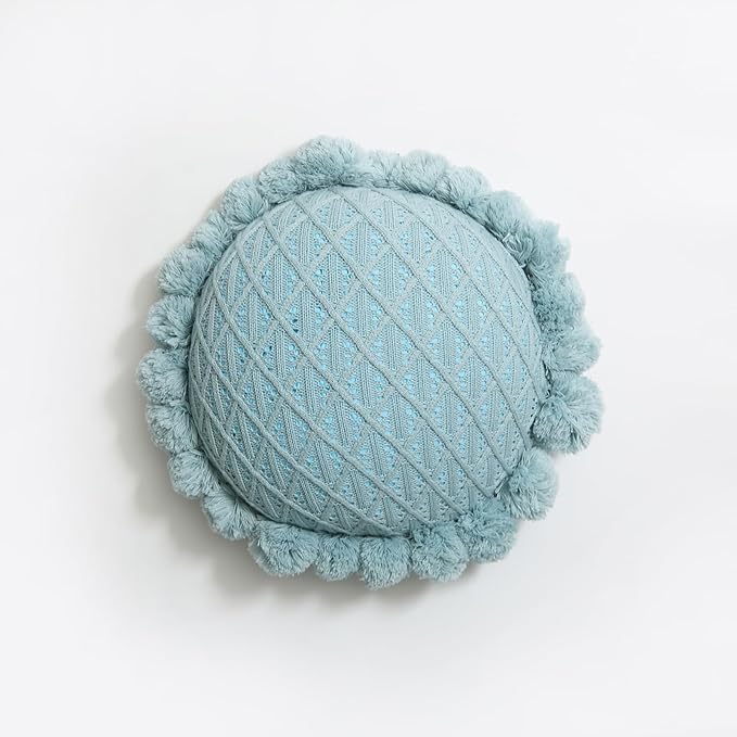 Acrylic Knitted Round Throw Pillow Knitting Bohemian Circular Cushion Pillow with Knit Handmade Pompoms Decorative Turquoise Green, Diameter 18inches