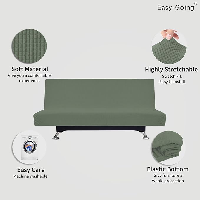 Easy-Going Stretch Futon Slipcover Armless Futon Bed Cover Furniture Protector Without Armrests with Elastic Bottom for Kids, Soft Jacquard Fabric Small Checks (Large, Greyish Green)