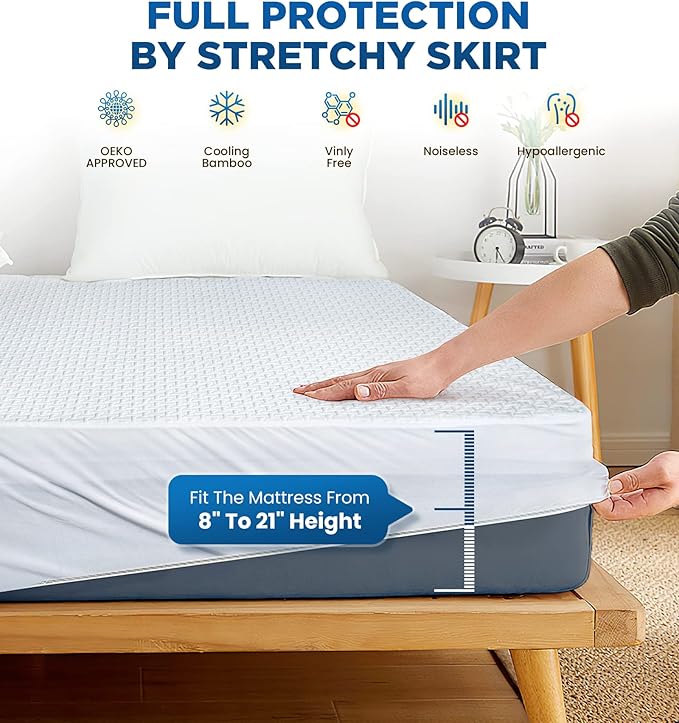 Premium 100% Waterproof Full Mattress Protector Breathable Cooling 3D Air Fabric Mattress Cover Smooth Soft Hypoallergenic Noiseless Bed Cover Machine Washable Vinyl Free 8-21'' Deep Pocket