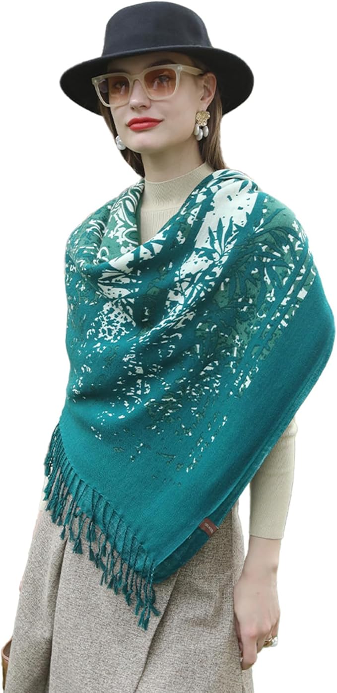 DANA XU 100% Merino Wool Pashmina Shawl for Women 96"x43", Oversized Cashmere Wrap with Tassels, Floral Travel Blanket Cape