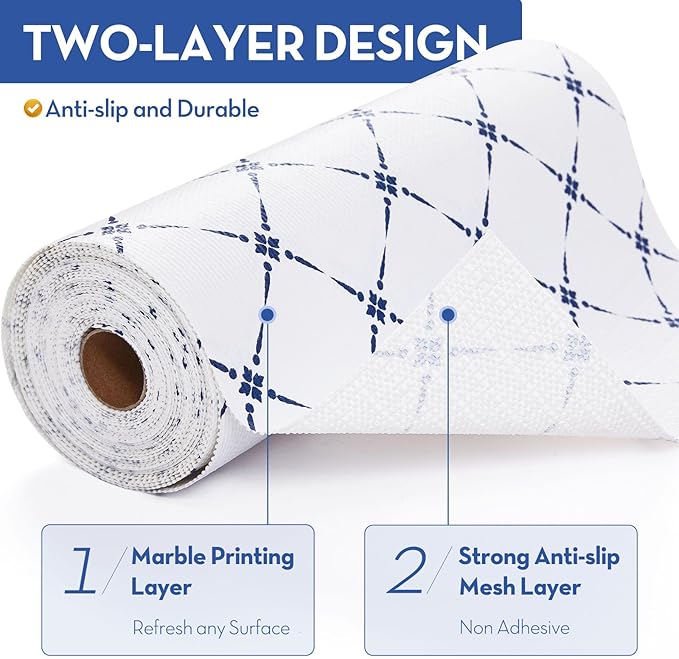 Drawer Shelf and Cabinet Liner, Thick Strong Grip,Shelf Liners Non-Adhesive Liners Protect Kitchen Cabinets and Cupboard, Bathroom Drawers,Under Sink Mat, 23.6IN X 10FT, Blue Stripe