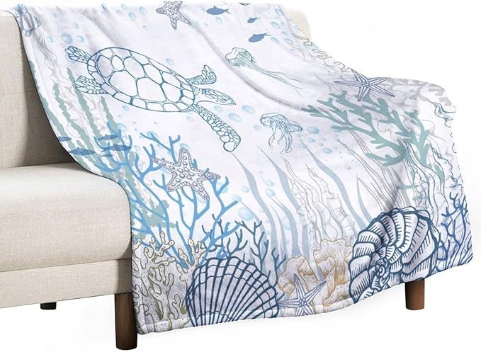 Nautical Turtle Throw Blanket, Coastal Sea Ocean Theme Coral Starfish Seashell Jellyfish Undersea Life Fleece Blanket for Summer Home Bed Sofa Couch Chair, 50"x60"