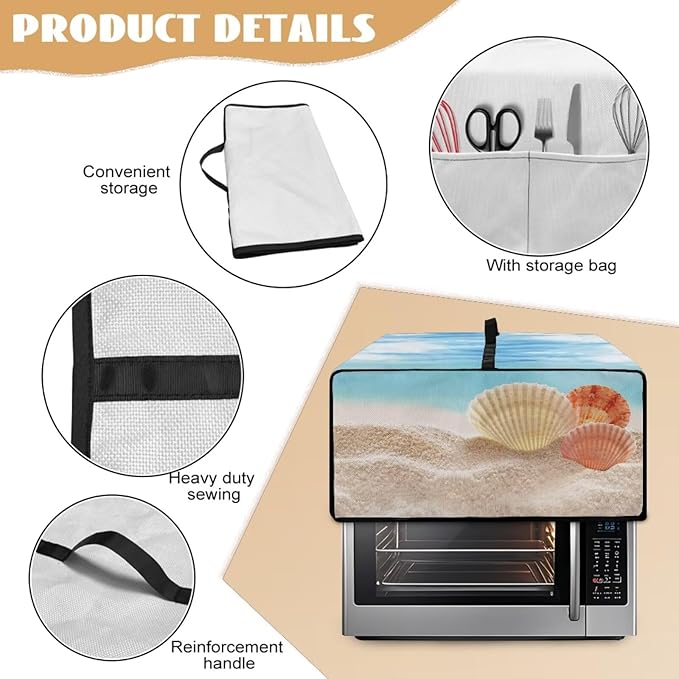 Toaster Oven Dust Cover Protective Microwave Oven Cover with Pockets, Small Appliance Decor for Kitchen Countertop, S, Beach Seashell